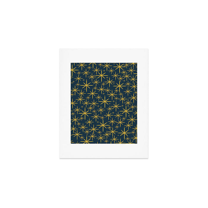 Twinkling Starbursts Mid Century Modern Atomic Pattern in Navy Blue and Light Mustard Art Print Gallery Image 1