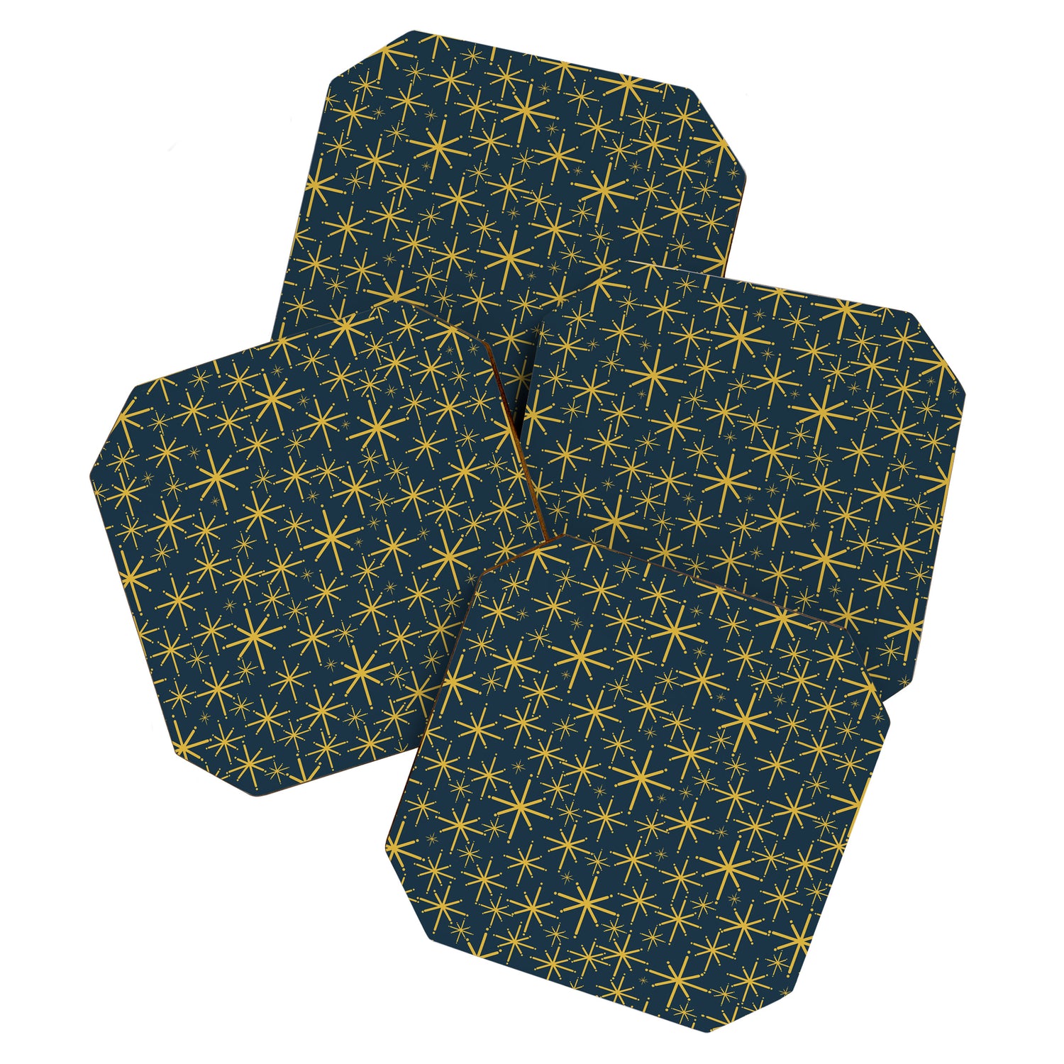 Twinkling Starbursts Mid Century Modern Atomic Pattern in Navy Blue and Light Mustard Coaster Gallery Image 1