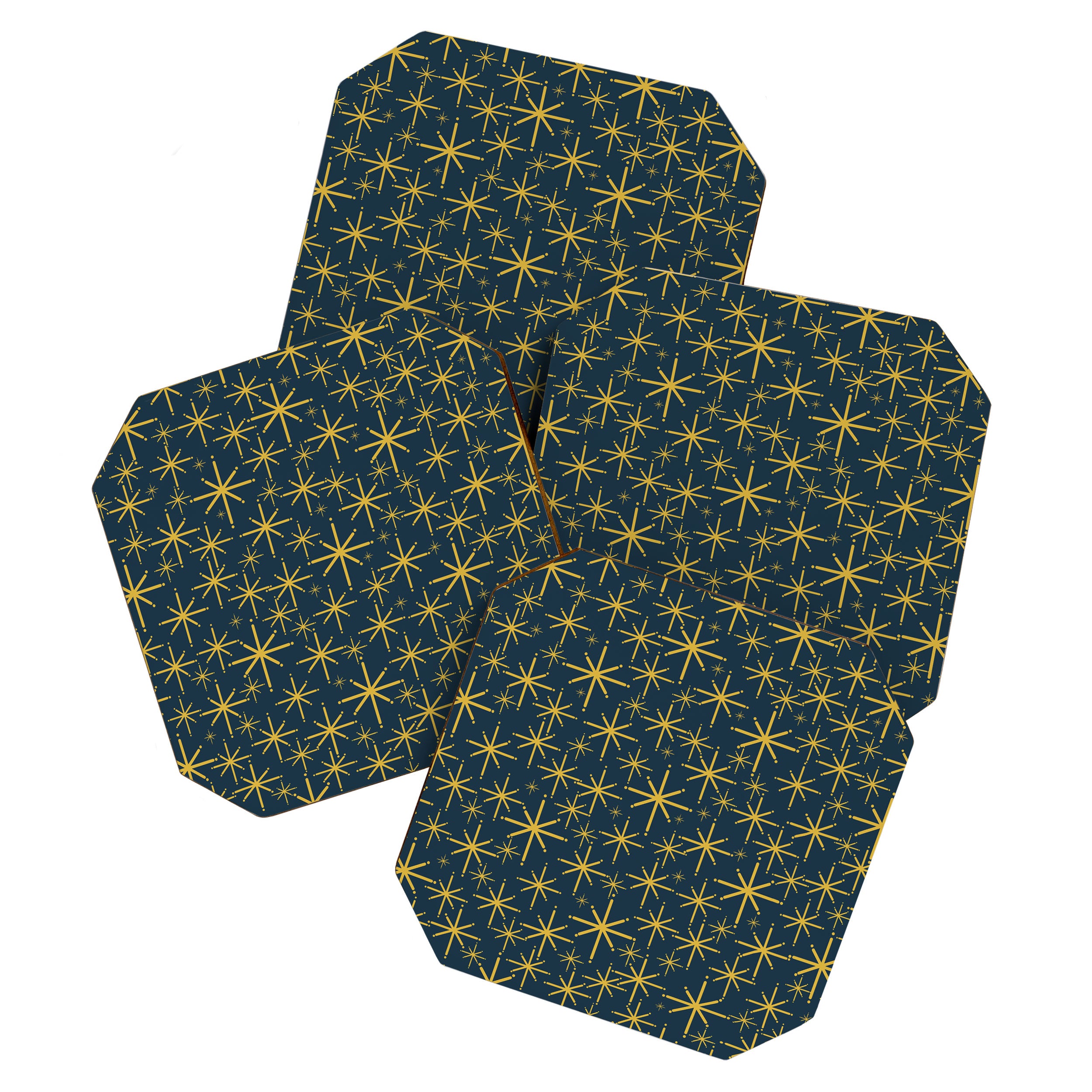 Twinkling Starbursts Mid Century Modern Atomic Pattern in Navy Blue and Light Mustard Coaster Gallery Image 1