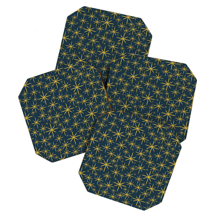 Twinkling Starbursts Mid Century Modern Atomic Pattern in Navy Blue and Light Mustard Coaster Gallery Image 1
