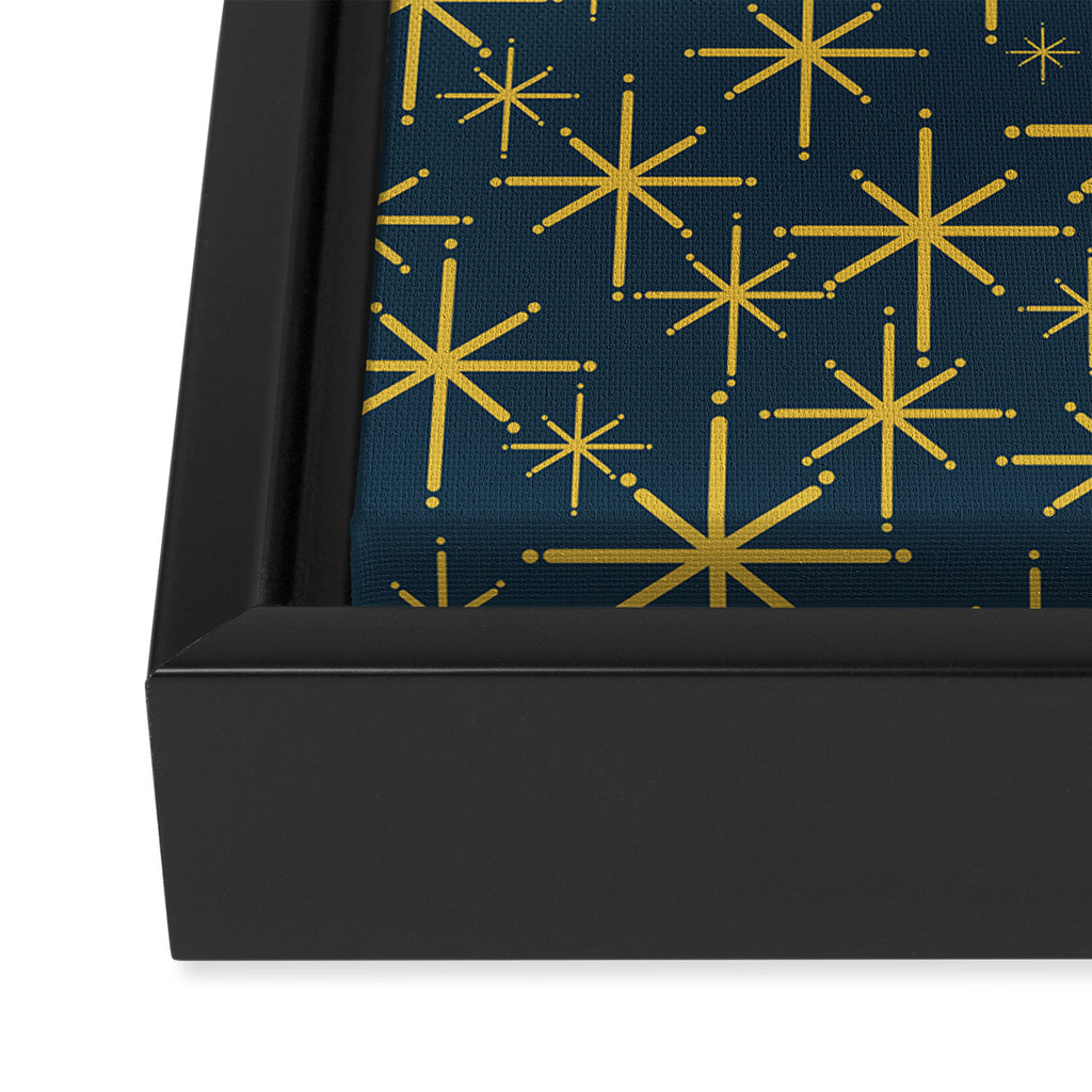 Twinkling Starbursts Mid Century Modern Atomic Pattern in Navy Blue and Light Mustard Framed Canvas Print Gallery Image 3