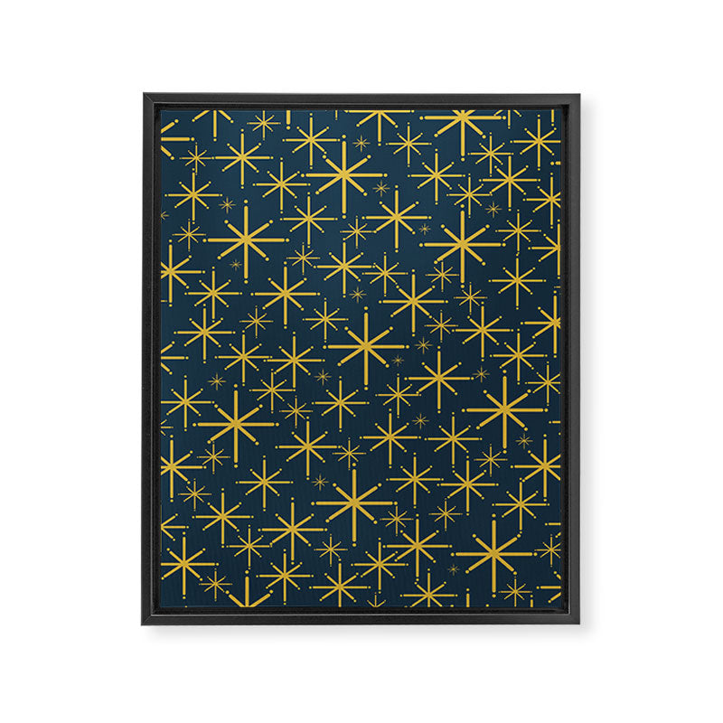 Twinkling Starbursts Mid Century Modern Atomic Pattern in Navy Blue and Light Mustard Framed Canvas Print Gallery Image 8