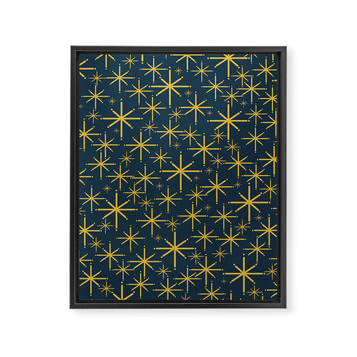 Twinkling Starbursts Mid Century Modern Atomic Pattern in Navy Blue and Light Mustard Framed Canvas Print Gallery Image 1