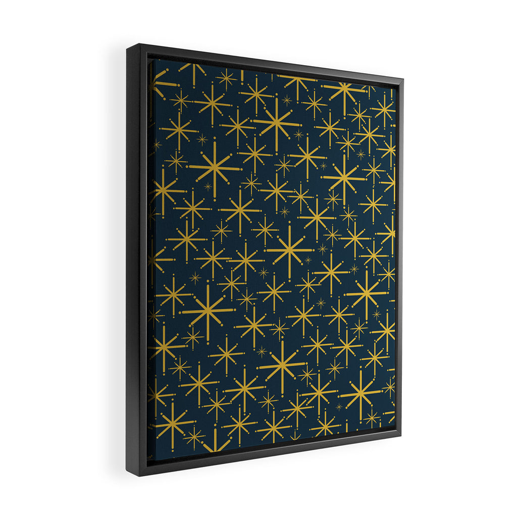 Twinkling Starbursts Mid Century Modern Atomic Pattern in Navy Blue and Light Mustard Framed Canvas Print Gallery Image 2