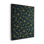 Twinkling Starbursts Mid Century Modern Atomic Pattern in Navy Blue and Light Mustard Framed Canvas Print Gallery Image 2