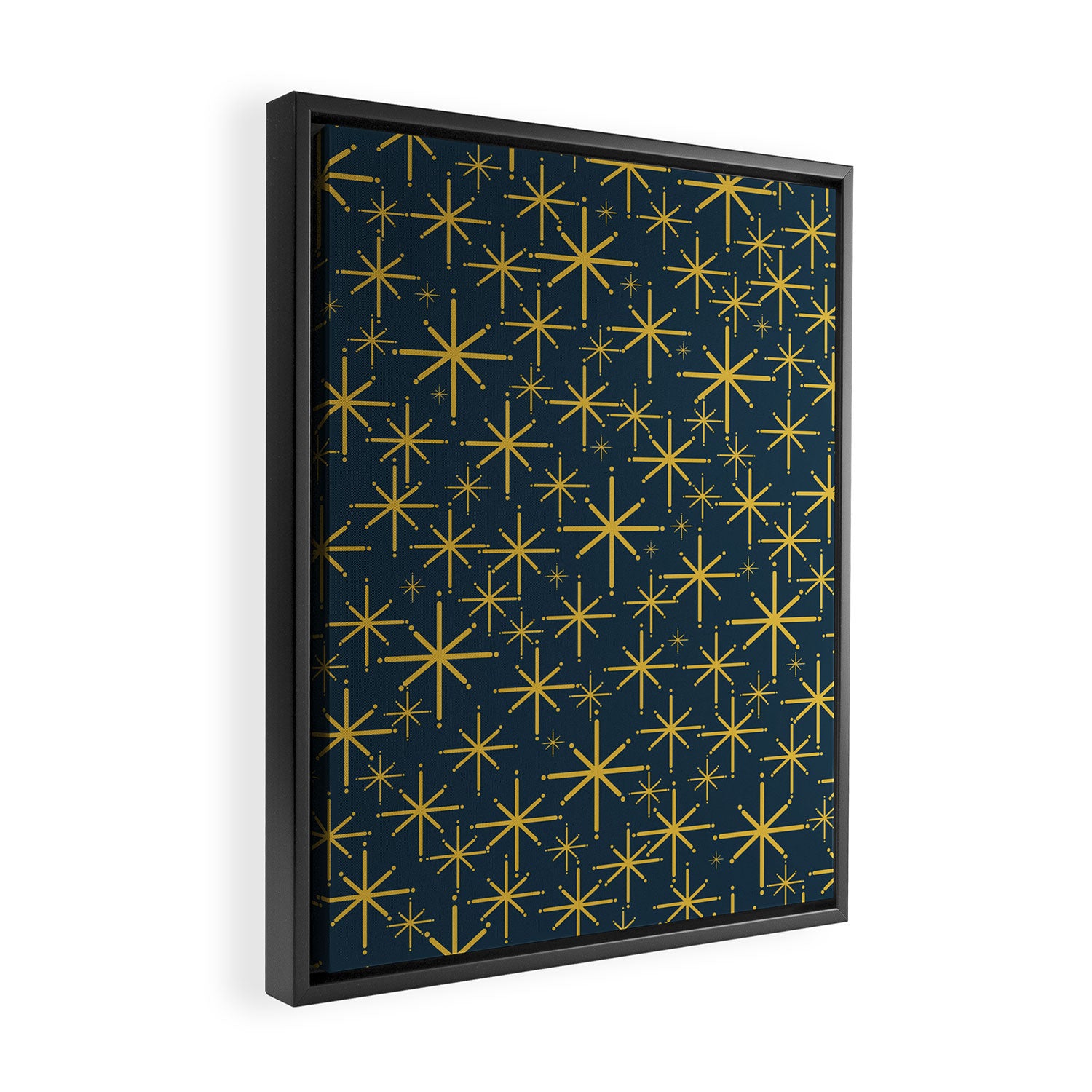 Twinkling Starbursts Mid Century Modern Atomic Pattern in Navy Blue and Light Mustard Framed Canvas Print Gallery Image 2