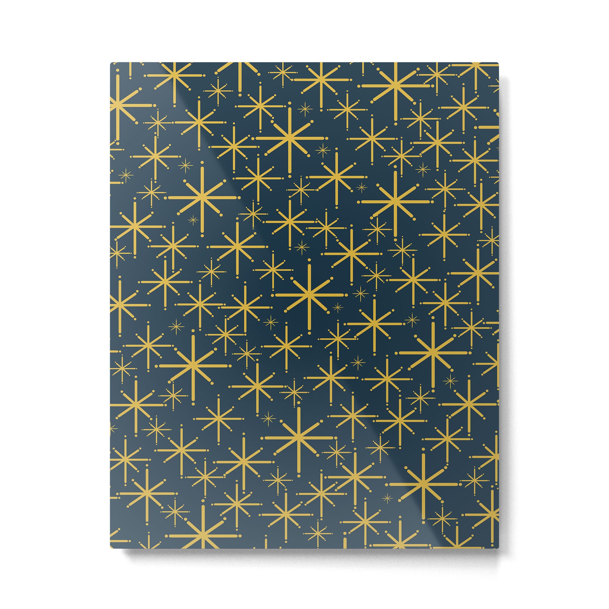 Twinkling Starbursts Mid Century Modern Atomic Pattern in Navy Blue and Light Mustard Metal Print Gallery Image 6