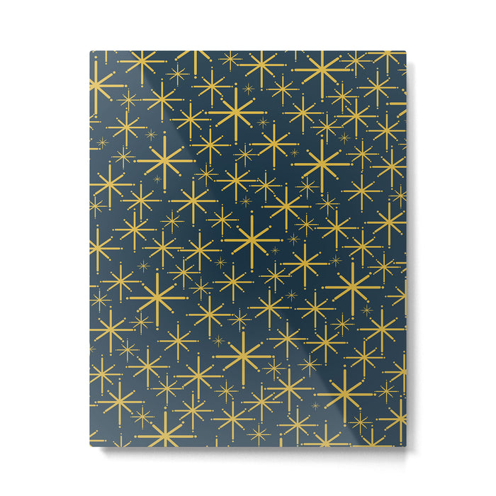 Twinkling Starbursts Mid Century Modern Atomic Pattern in Navy Blue and Light Mustard Metal Print Gallery Image 1