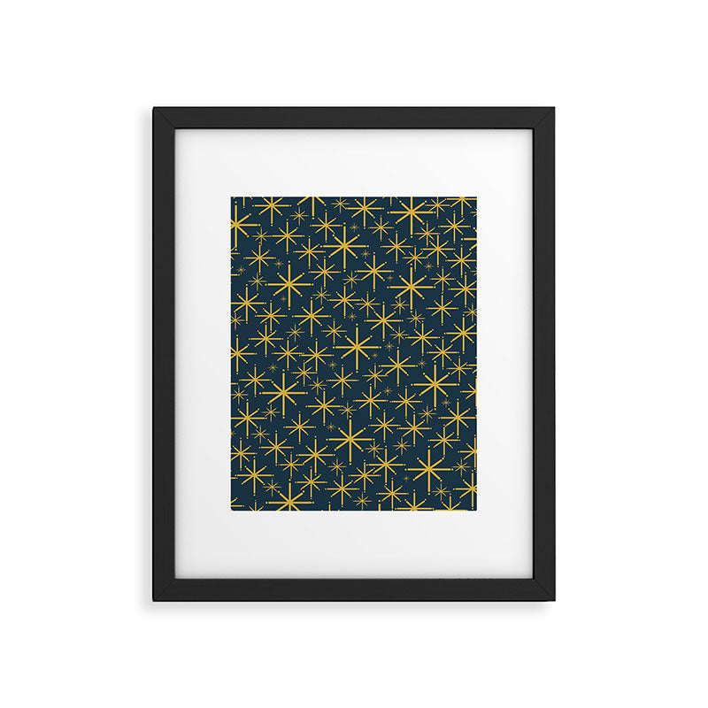 Twinkling Starbursts Mid Century Modern Atomic Pattern in Navy Blue and Light Mustard Framed Art Print Gallery Image 6
