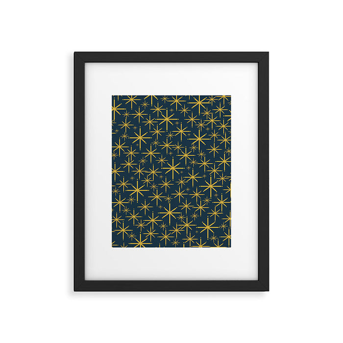 Twinkling Starbursts Mid Century Modern Atomic Pattern in Navy Blue and Light Mustard Framed Art Print Gallery Image 1