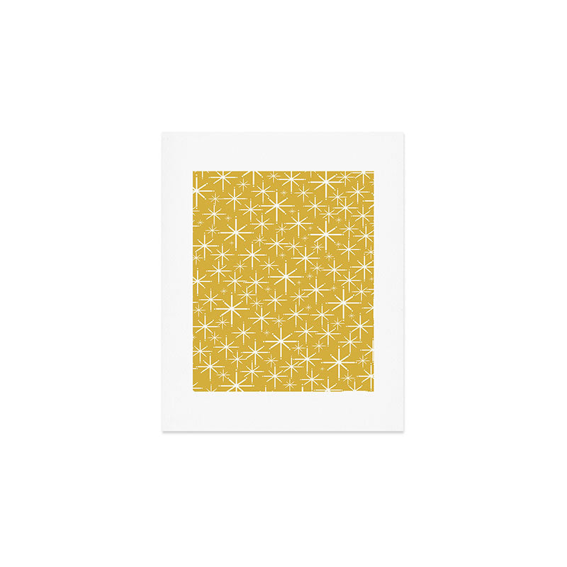Twinkling Starbursts Mid Century Modern Pattern in Light Mustard Yellow and White Art Print Gallery Image 1