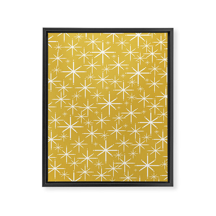 Twinkling Starbursts Mid Century Modern Pattern in Light Mustard Yellow and White Framed Canvas Print Gallery Image 1