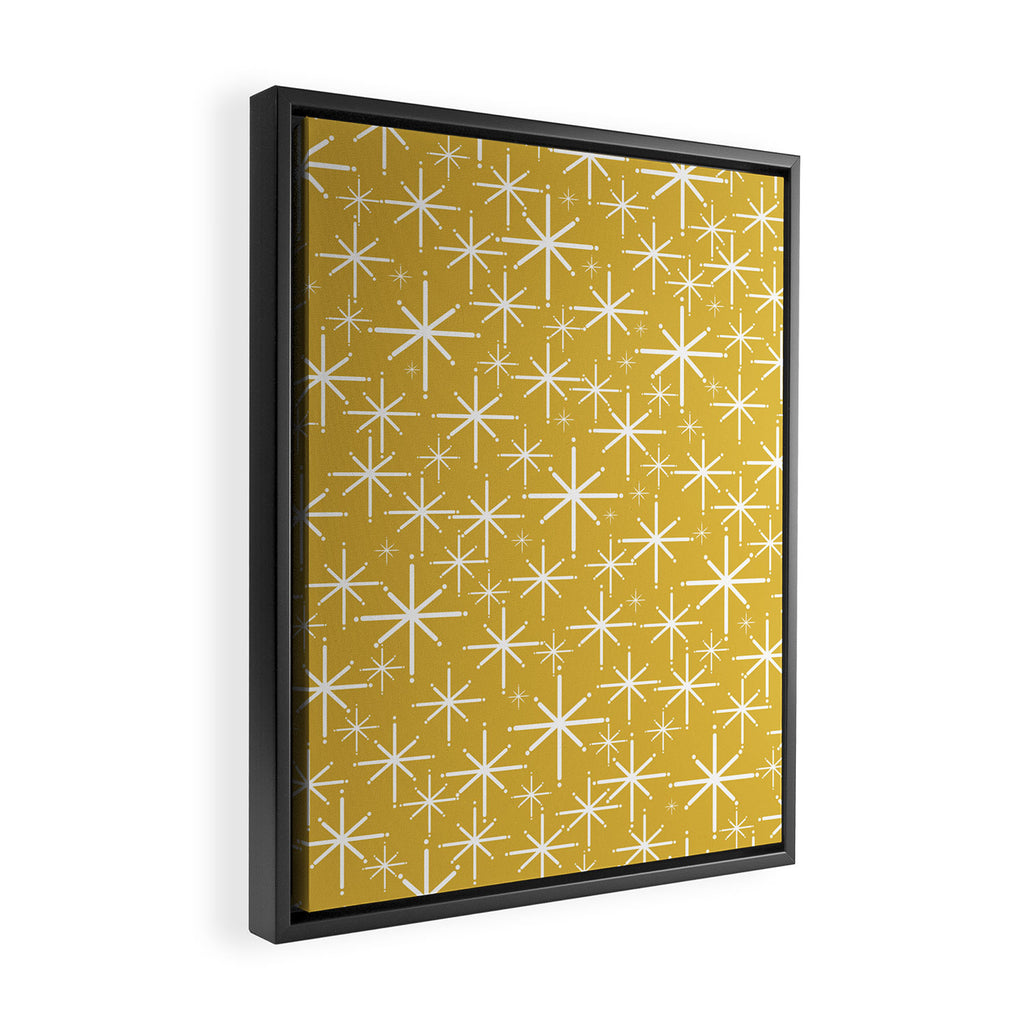 Twinkling Starbursts Mid Century Modern Pattern in Light Mustard Yellow and White Framed Canvas Print Gallery Image 2