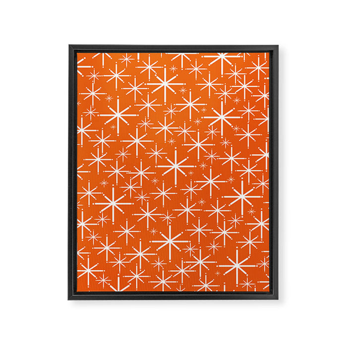 Twinkling Starbursts Mid Century Modern Pattern in Orange and White Framed Canvas Print Gallery Image 1