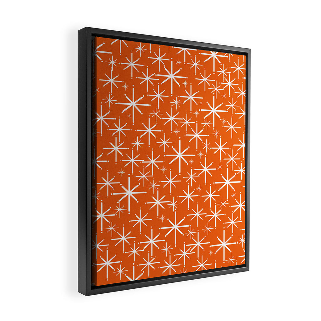 Twinkling Starbursts Mid Century Modern Pattern in Orange and White Framed Canvas Print Gallery Image 2