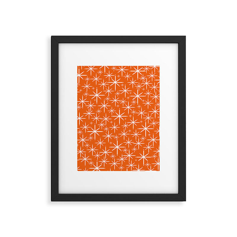 Twinkling Starbursts Mid Century Modern Pattern in Orange and White Framed Art Print Gallery Image 6