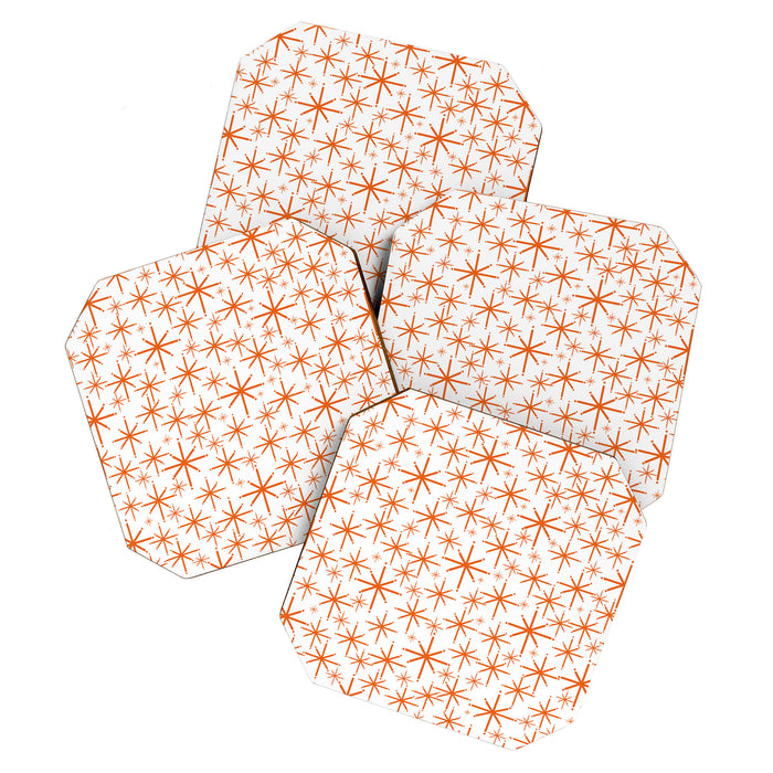 Twinkling Starbursts Mid Century Modern Pattern in White and Orange Coaster Gallery Image 1
