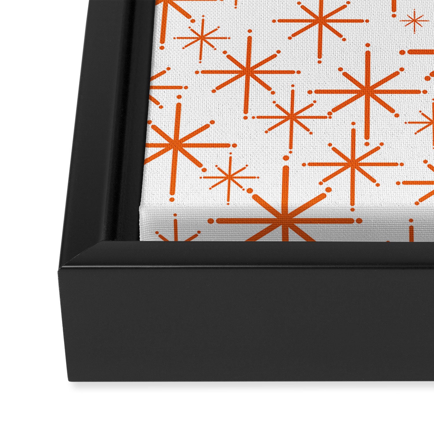 Twinkling Starbursts Mid Century Modern Pattern in White and Orange Framed Canvas Print Gallery Image 3