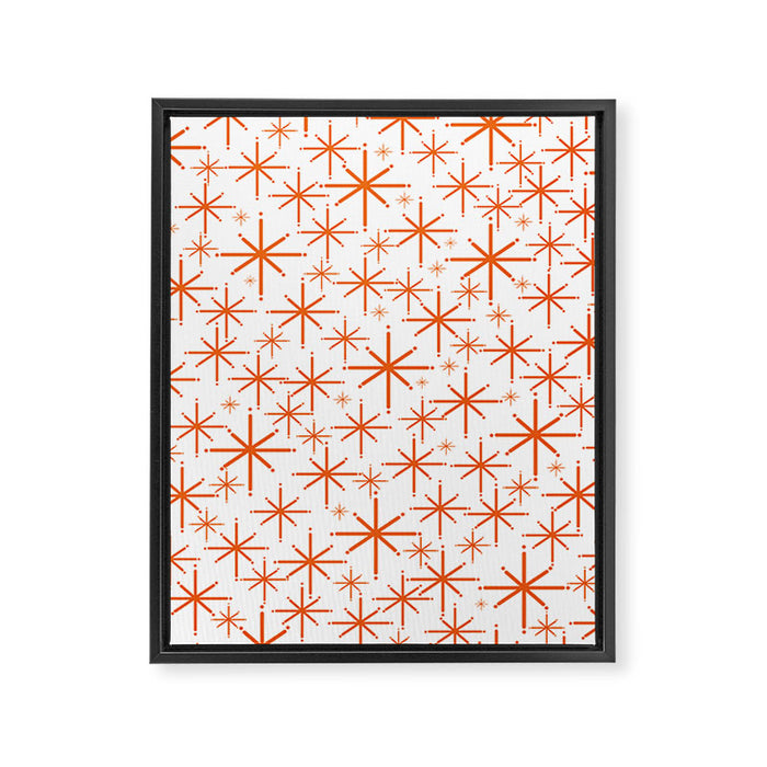 Twinkling Starbursts Mid Century Modern Pattern in White and Orange Framed Canvas Print Gallery Image 1
