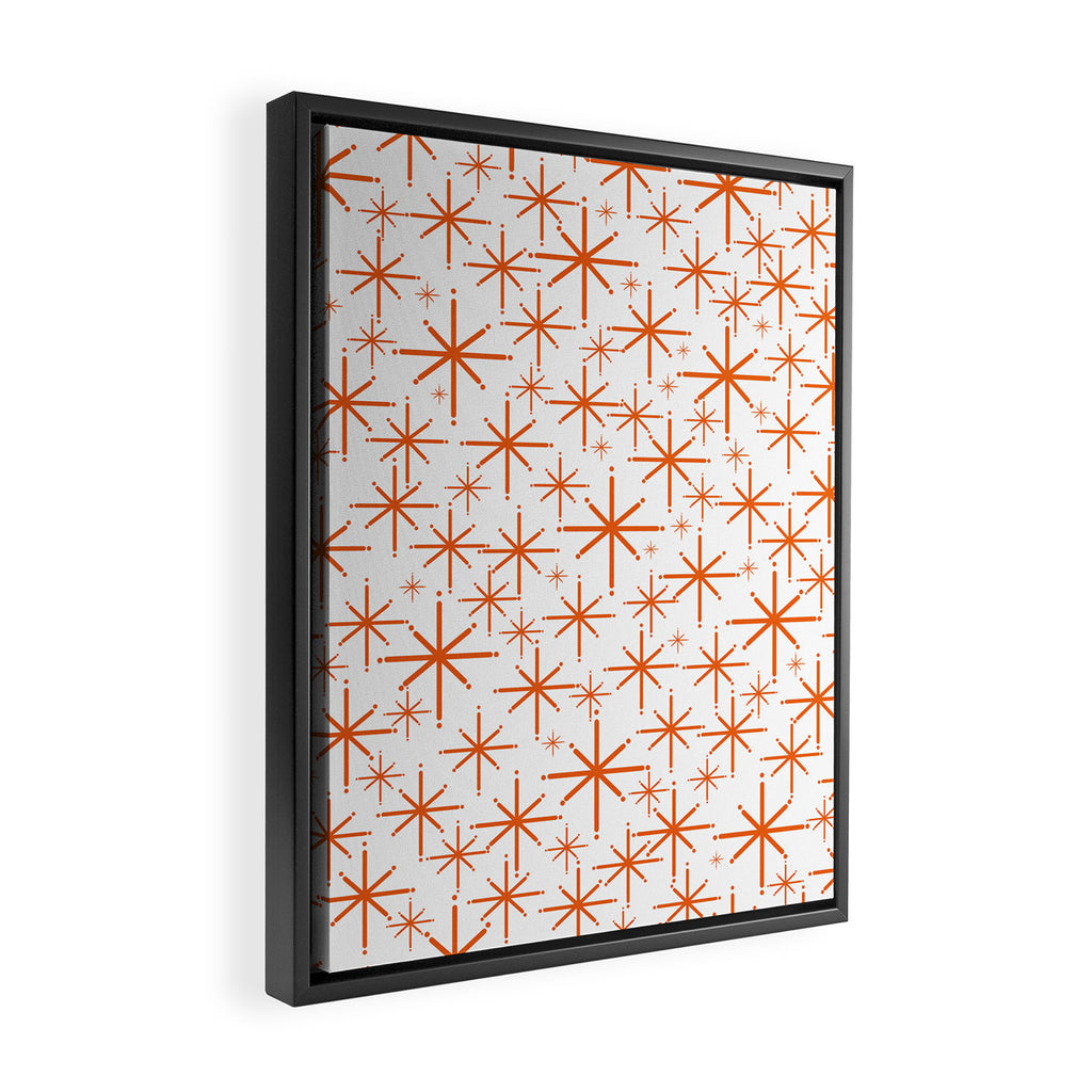 Twinkling Starbursts Mid Century Modern Pattern in White and Orange Framed Canvas Print Gallery Image 2