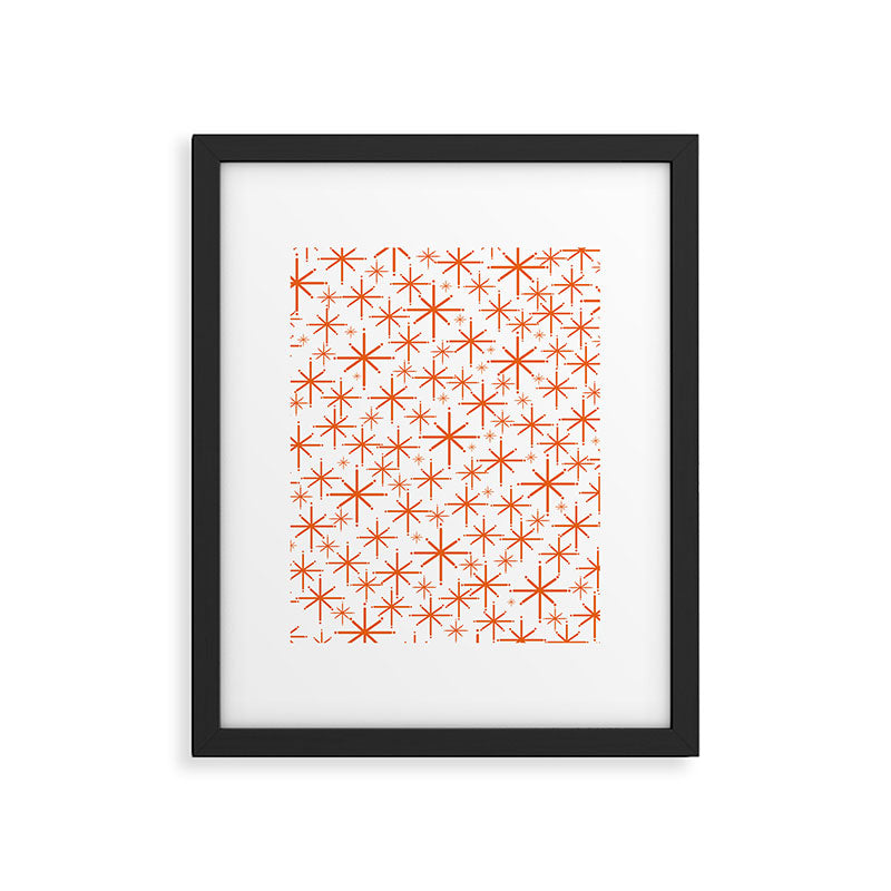 Twinkling Starbursts Mid Century Modern Pattern in White and Orange Framed Art Print Gallery Image 6