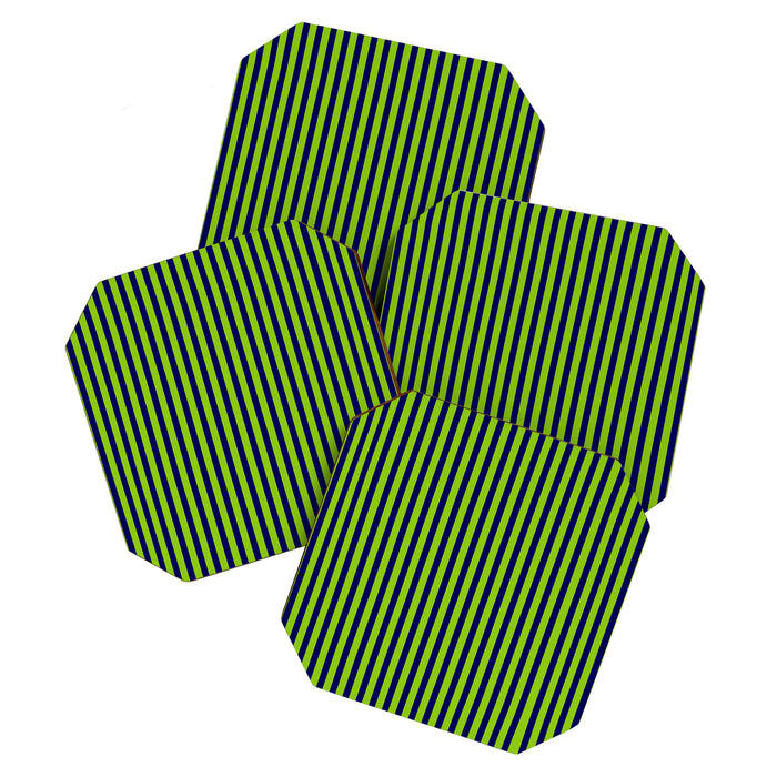 Ultra Fine Stripe Narrow Vertical Pinstripe Pattern in Lime Green and Navy Blue Coaster Gallery Image 1