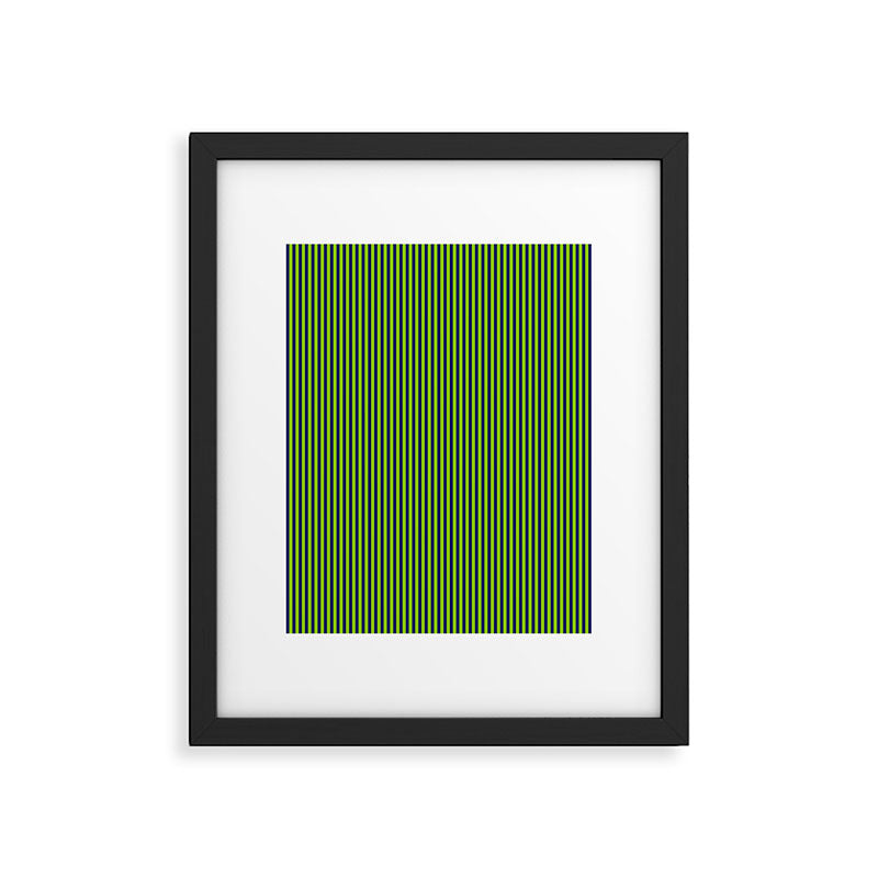 Ultra Fine Stripe Narrow Vertical Pinstripe Pattern in Lime Green and Navy Blue Framed Art Print Gallery Image 5