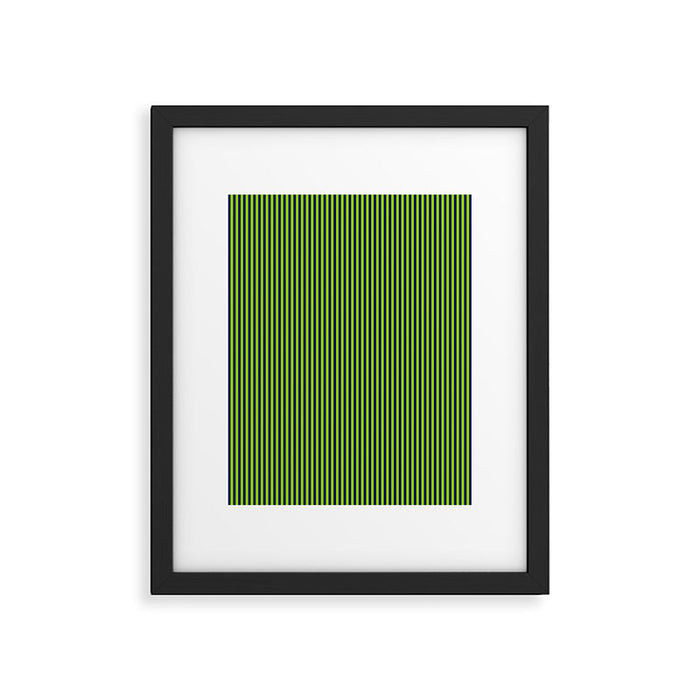 Ultra Fine Stripe Narrow Vertical Pinstripe Pattern in Lime Green and Navy Blue Framed Art Print Gallery Image 1