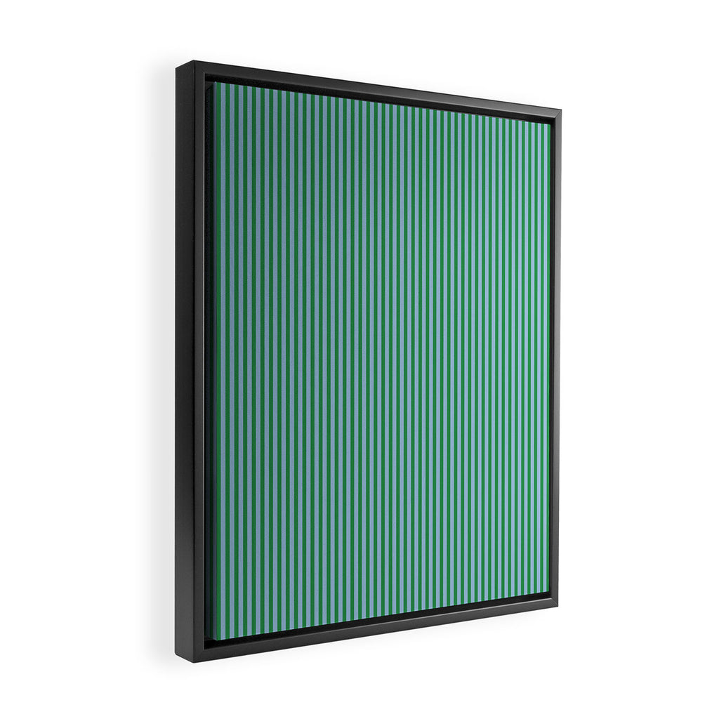 Ultra Fine Stripes Vertical Minimalist Pattern in Contemporary Green and Light Blue Framed Canvas Print Gallery Image 2