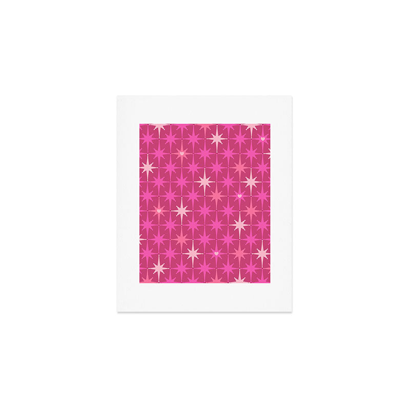 Valentine Hearts and Stars Hot Pink Mid Century Modern Atomic Age Starburst Pattern Art Print Gallery Image 1