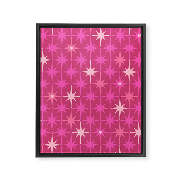 Valentine Hearts and Stars Hot Pink Mid Century Modern Atomic Age Starburst Pattern Framed Canvas Print Gallery Image 1