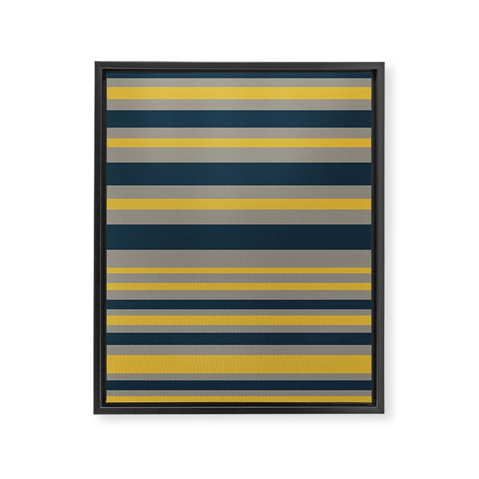 Variable Stripe Pattern in Light Mustard, Navy Blue, and Gray Framed Canvas Print Gallery Image 1