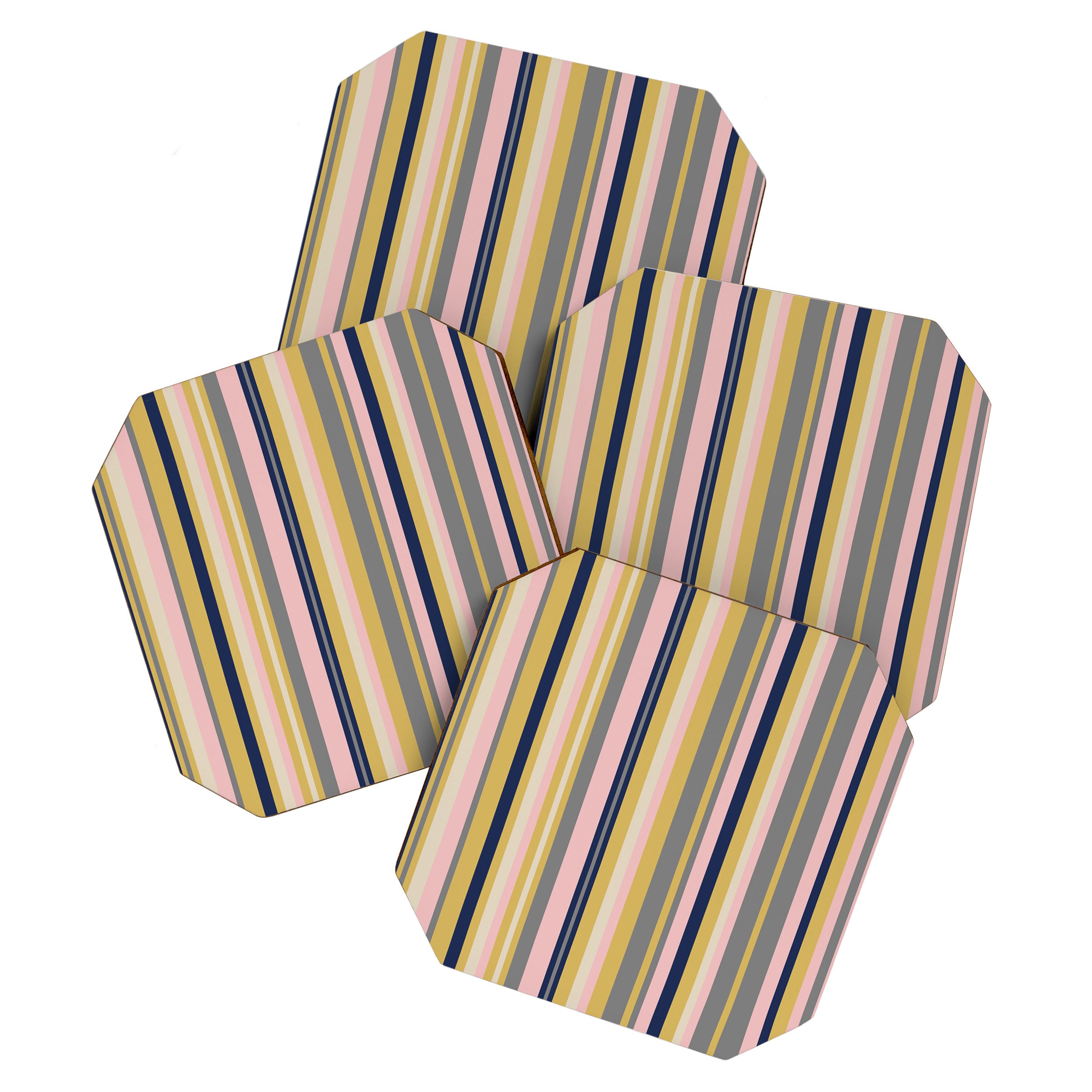 Variegated Thin Stripes Pattern in Mustard Yellow, Gray, Navy Blue, and Pink Coaster Gallery Image 1