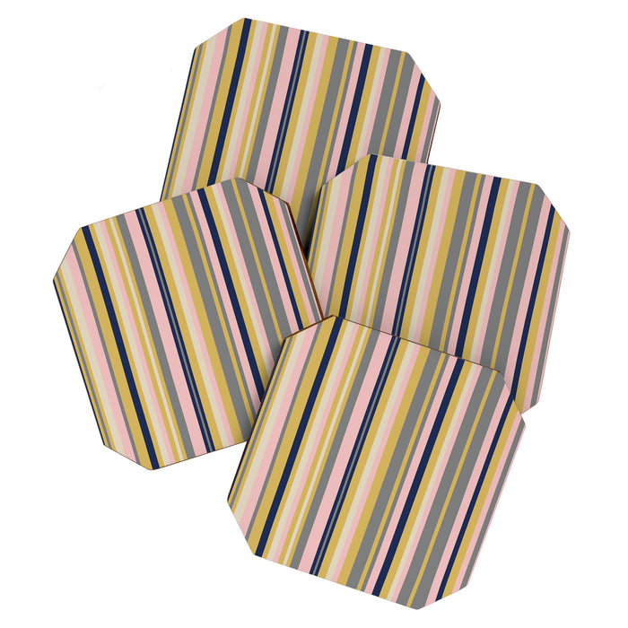 Variegated Thin Stripes Pattern in Mustard Yellow, Gray, Navy Blue, and Pink Coaster Gallery Image 1