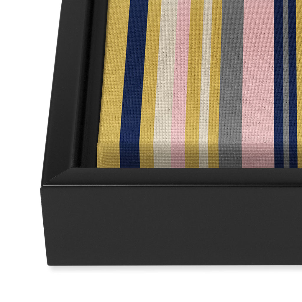 Variegated Thin Stripes Pattern in Mustard Yellow, Gray, Navy Blue, and Pink Framed Canvas Print Gallery Image 3