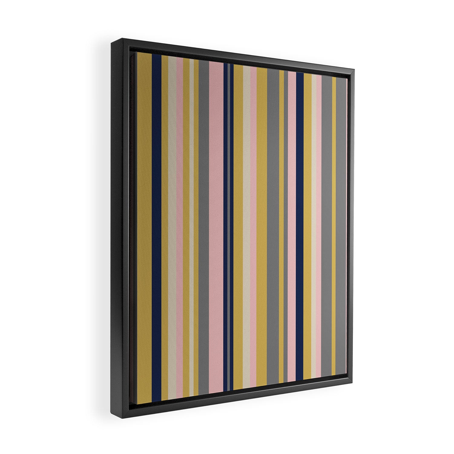 Variegated Thin Stripes Pattern in Mustard Yellow, Gray, Navy Blue, and Pink Framed Canvas Print Gallery Image 2