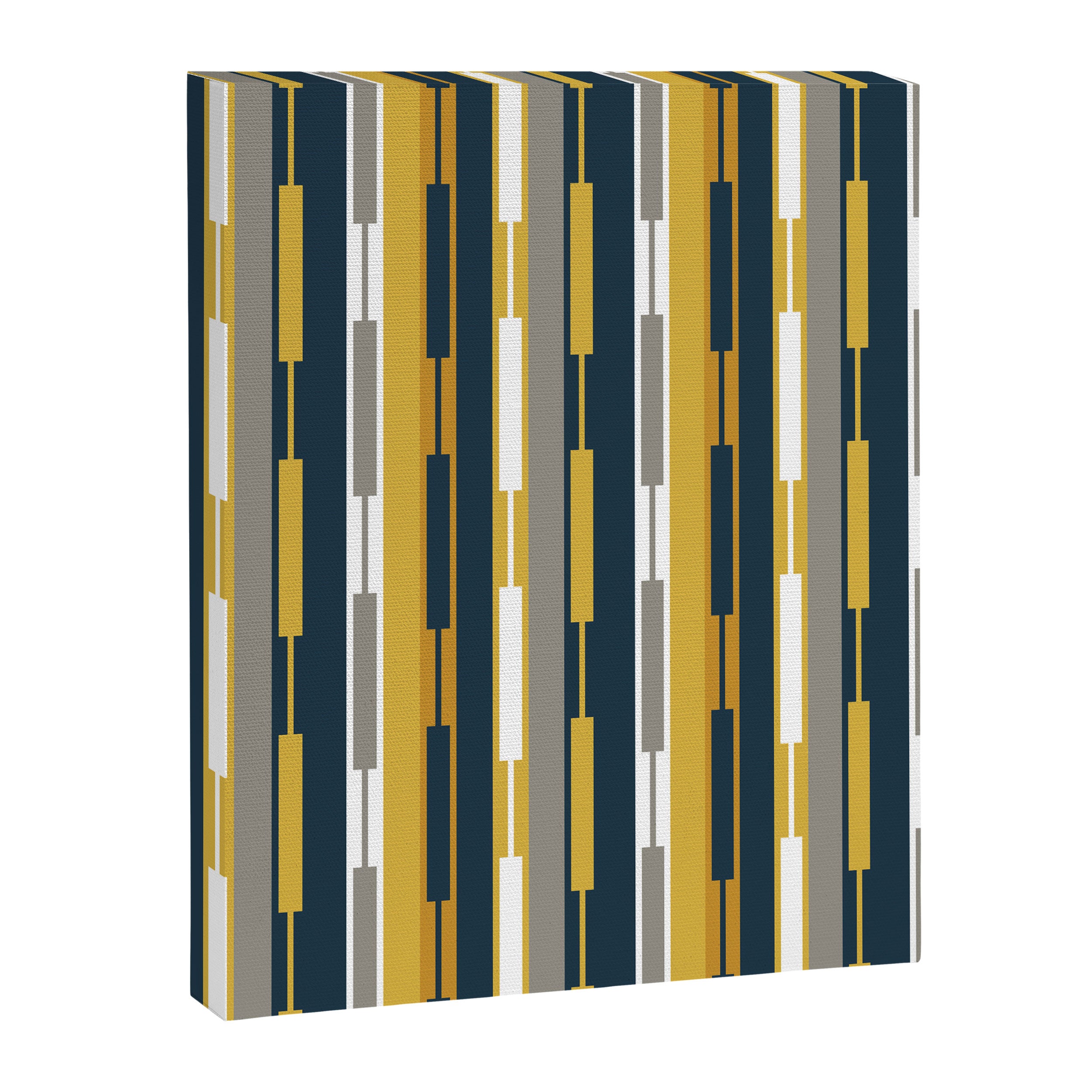 Vertical Striped Geo Chain Geometric Pattern Navy Blue Mustard Yellow Gray White Canvas Print Gallery Image 8