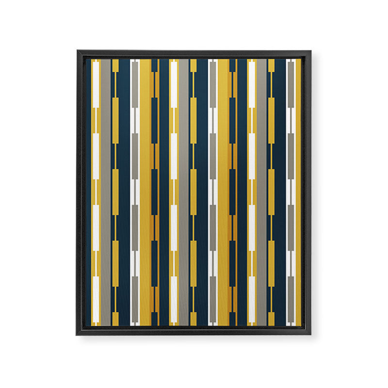 Vertical Striped Geo Chain Geometric Pattern Navy Blue Mustard Yellow Gray White Framed Canvas Print Gallery Image 8