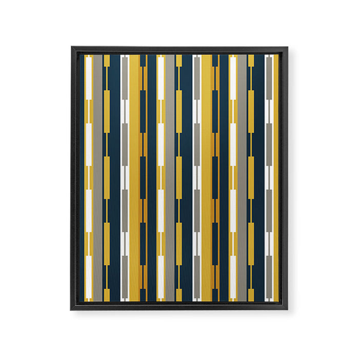 Vertical Striped Geo Chain Geometric Pattern Navy Blue Mustard Yellow Gray White Framed Canvas Print Gallery Image 1