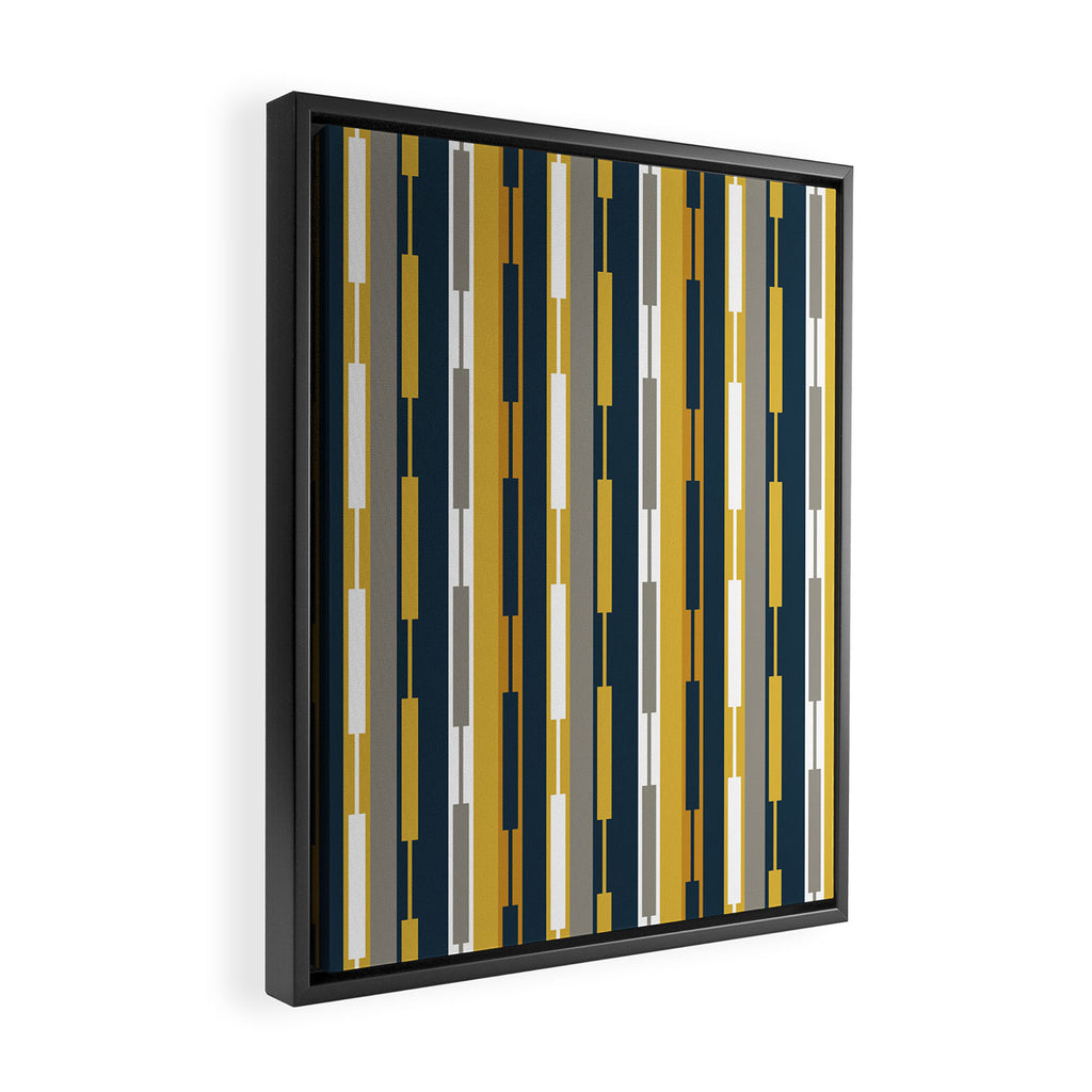 Vertical Striped Geo Chain Geometric Pattern Navy Blue Mustard Yellow Gray White Framed Canvas Print Gallery Image 2