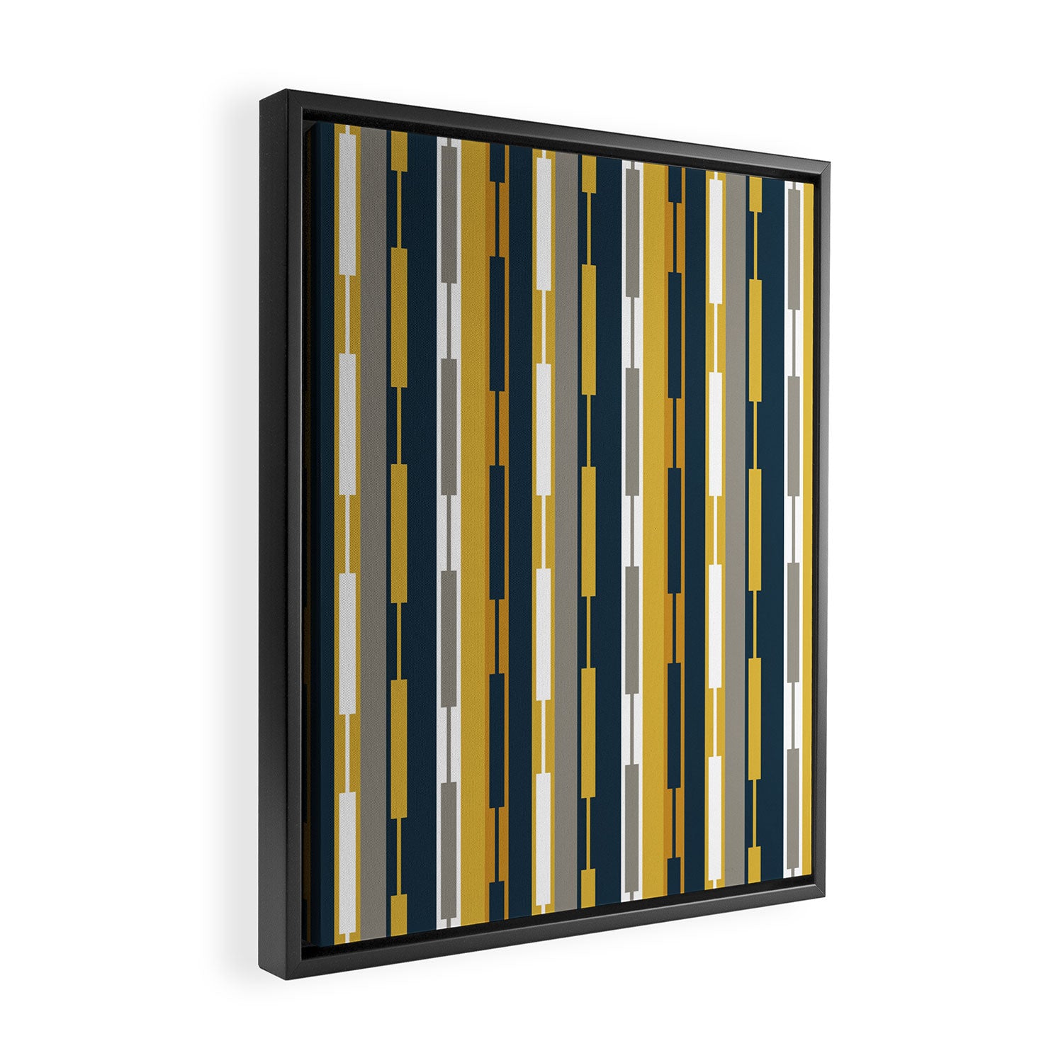 Vertical Striped Geo Chain Geometric Pattern Navy Blue Mustard Yellow Gray White Framed Canvas Print Gallery Image 2