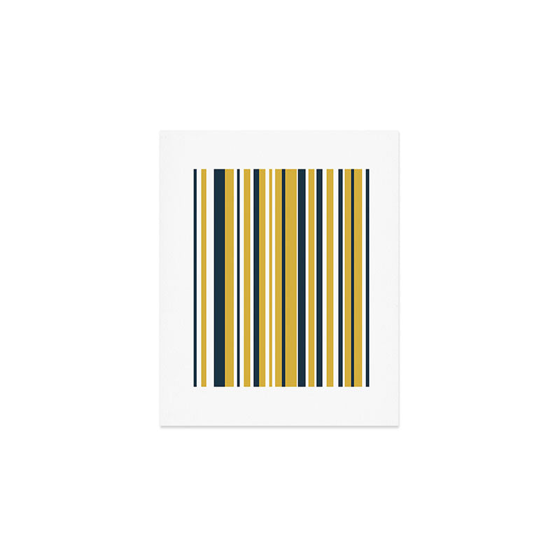 Vertical Stripes in Navy Blue, Mustard Yellow, and White Art Print Gallery Image 1