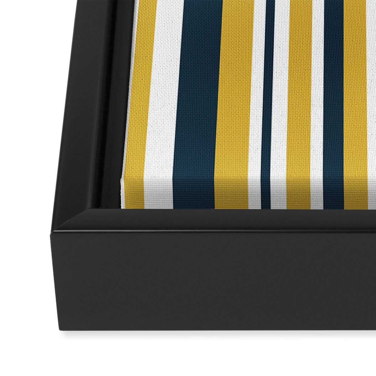 Vertical Stripes in Navy Blue, Mustard Yellow, and White Framed Canvas Print Gallery Image 3