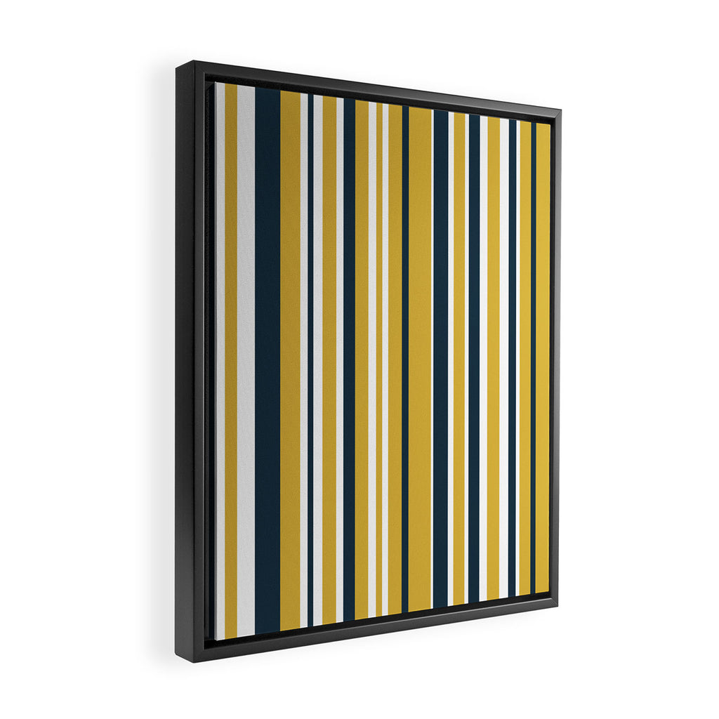 Vertical Stripes in Navy Blue, Mustard Yellow, and White Framed Canvas Print Gallery Image 2