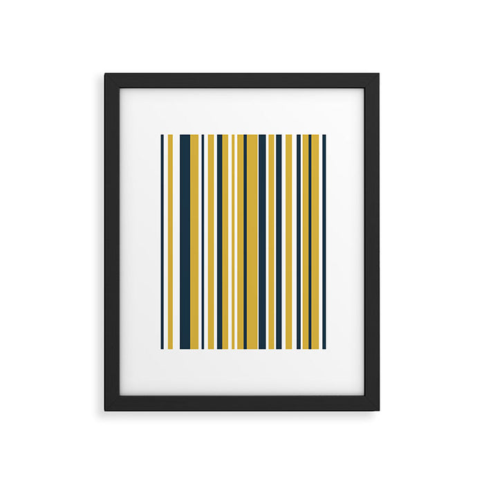 Vertical Stripes in Navy Blue, Mustard Yellow, and White Framed Art Print Gallery Image 1