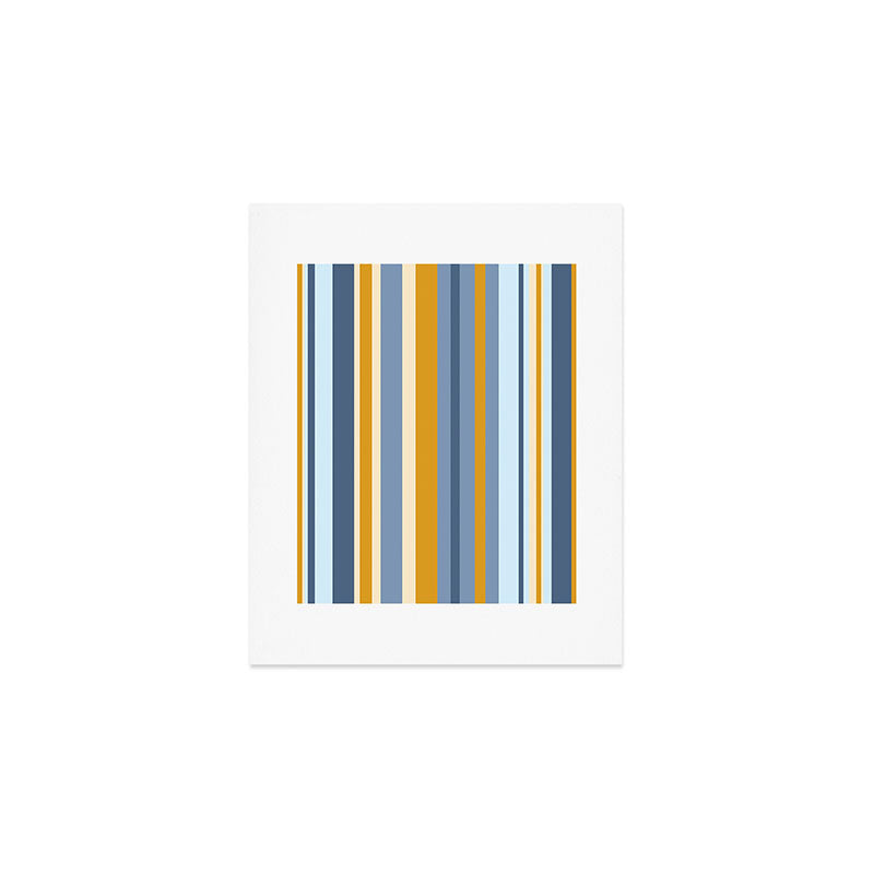 Vertical Stripes Variable Contemporary Retro Modern Pattern in Blue and Honey Mustard Art Print Gallery Image 1