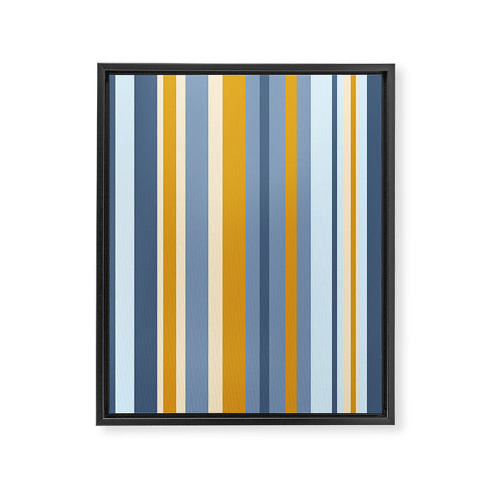 Vertical Stripes Variable Contemporary Retro Modern Pattern in Blue and Honey Mustard Framed Canvas Print Gallery Image 1