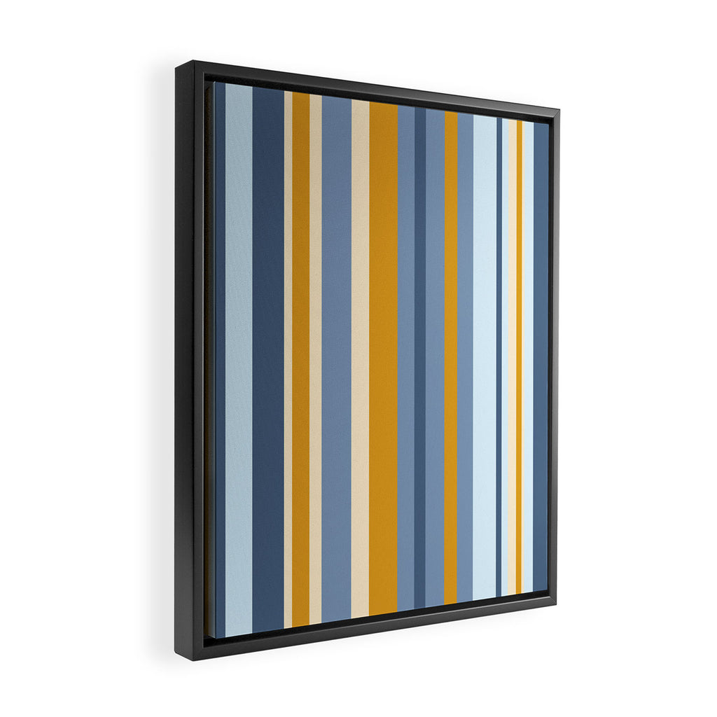 Vertical Stripes Variable Contemporary Retro Modern Pattern in Blue and Honey Mustard Framed Canvas Print Gallery Image 2