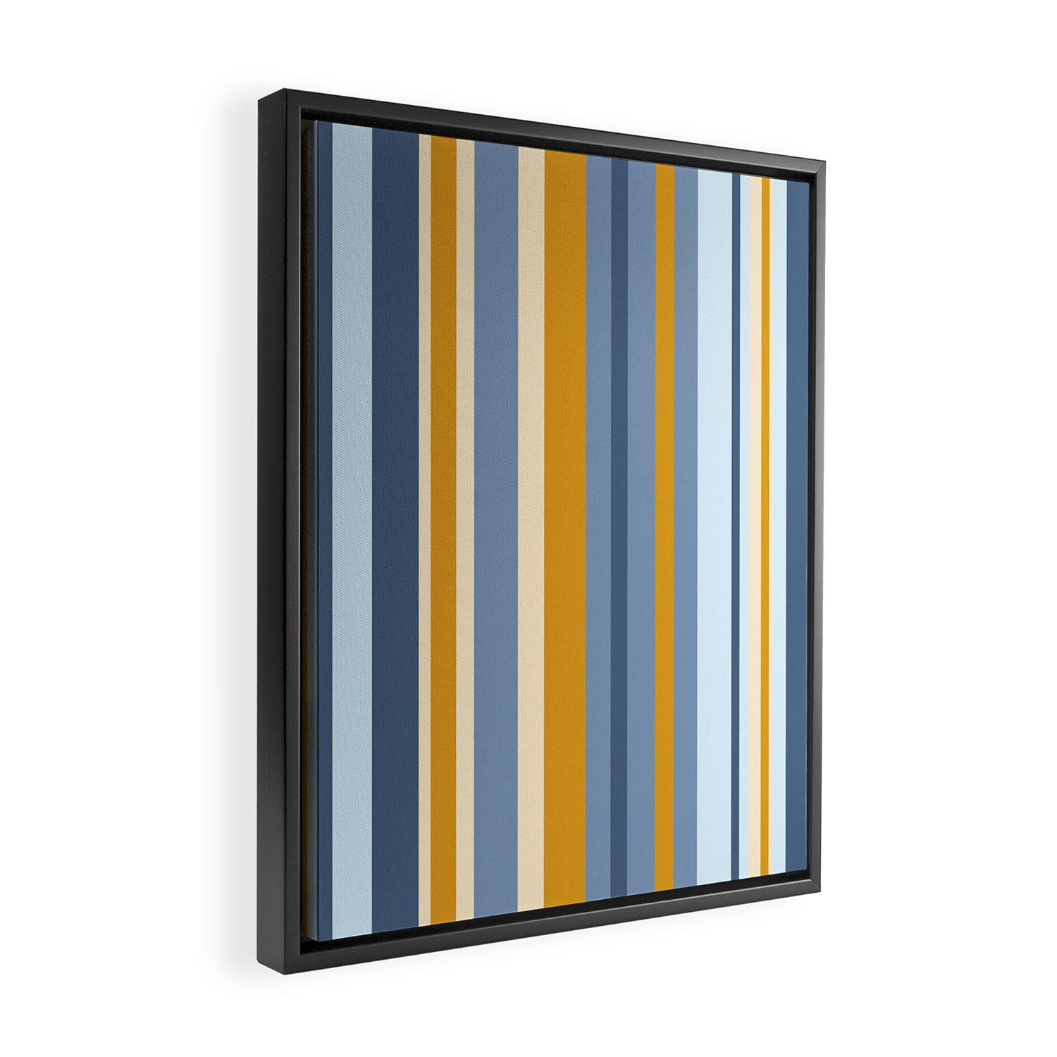 Vertical Stripes Variable Contemporary Retro Modern Pattern in Blue and Honey Mustard Framed Canvas Print Gallery Image 2