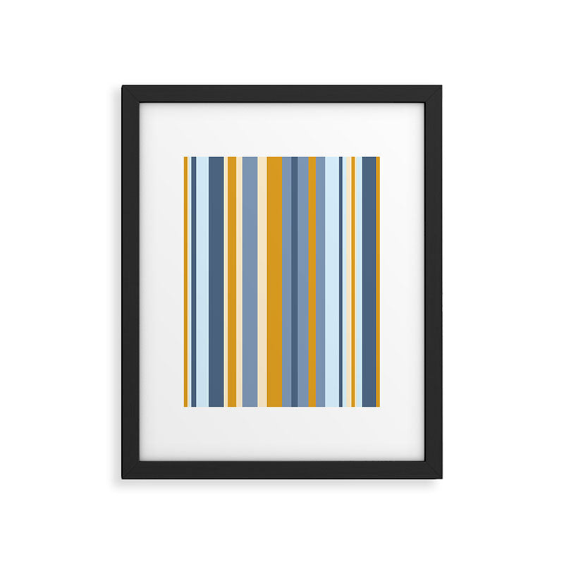 Vertical Stripes Variable Contemporary Retro Modern Pattern in Blue and Honey Mustard Framed Art Print Gallery Image 5